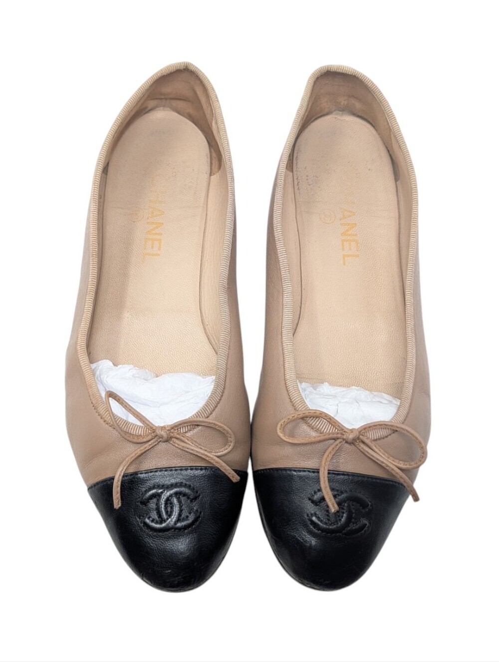 Chanel Nude Beige Leather Cap Toe Interlocking CC Ballet Flats Size EU 40